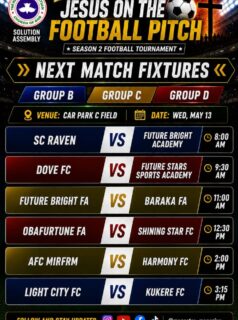 Continue to follow our journey in the Jesus on the Football Pitch Tournament as SC Raven takes on Future Bright Academy this Wednesday 

📍 Car Park C Field
⏰ 8:00 AM

The mission continues. See you at the pitch 

#SCRaven 
#MatchDay 
#JesusOnTheFootballPitch 
#WeAreRaven