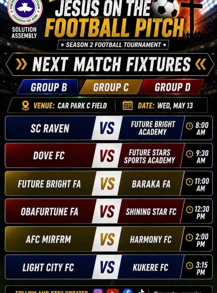 Continue to follow our journey in the Jesus on the Football Pitch Tournament as SC Raven takes on Future Bright Academy this Wednesday 

📍 Car Park C Field
⏰ 8:00 AM

The mission continues. See you at the pitch 

#SCRaven 
#MatchDay 
#JesusOnTheFootballPitch 
#WeAreRaven