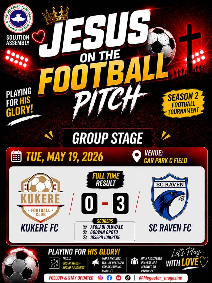 A dominant display from the Ravens 
SC Raven cruises to a solid 3-0 victory over Kukere FC in the Jesus on the Football Pitch Tournament 

Goals from Afolabi Oluwale, Godwin Opotu, and Joseph Idikrere sealed another big performance for the team 🙌

#SCRaven 
#BigWin 
#RavenDominance 
#WeAreRaven 
#JOTP2026