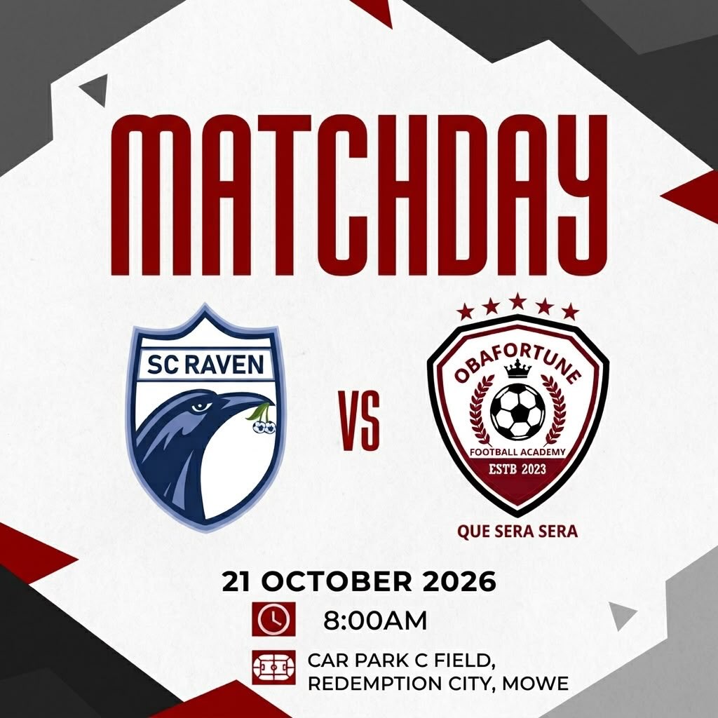 Match day loading 

Tomorrow, SC Raven goes head to head with Obafortune FC! ⚽💪

⚽ SC Raven 🆚 Obafortune FC
📅 Wednesday, October 21, 2026

#scraven 
#weareraven 
#matchday⚽️🔥 
#ravenfamily